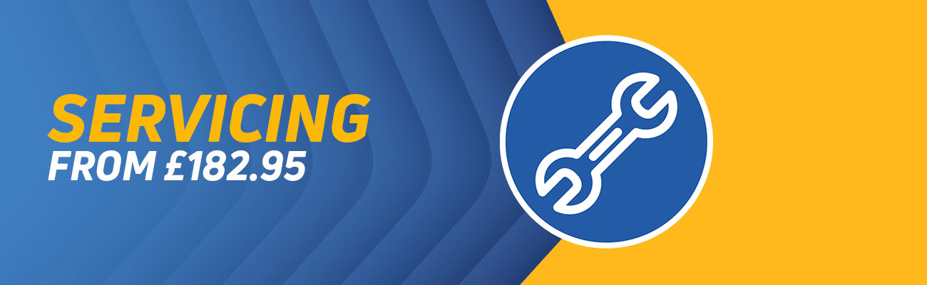 An image of a spanner with a blue and yellow background, with the text Servicing from £182.95
