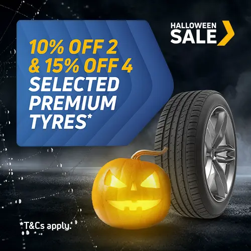 10% Off 2 or 15% Off 4 Premium Tyres in our Halloween Sale - Now On!