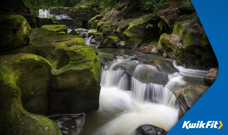 Bubbling waterfall captured in Healey Dell Nature Reserve.